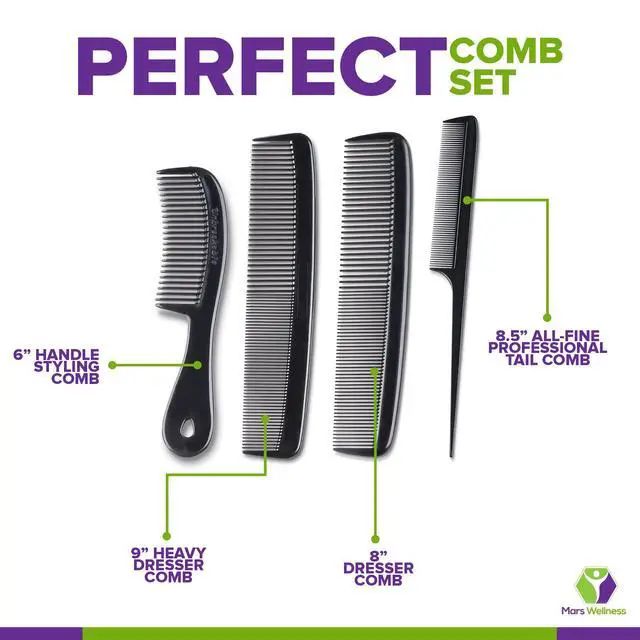 Alt view image 4 of 7 - Mars Wellness 4 Piece Professional Comb Set Black - USA MADE - Fine Pro Tail Combs, Dresser Hair Comb Styling Comb - Premium Grade for Men and Women - Parting Teasing and Styling