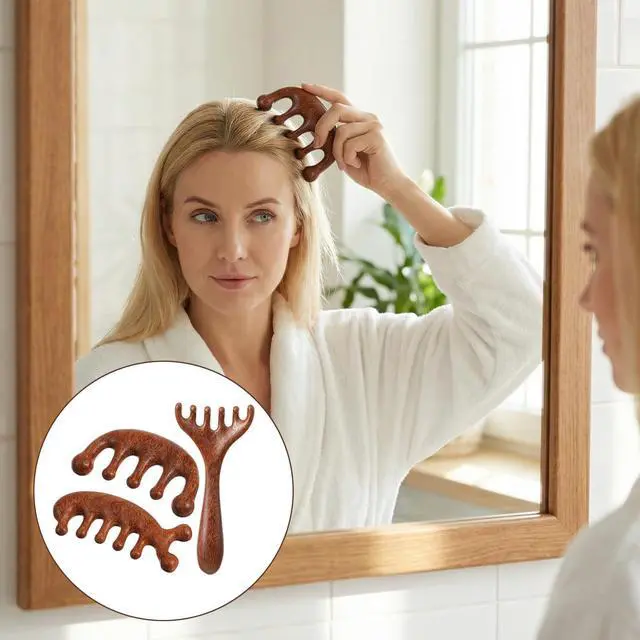 Alt view image 3 of 7 - Trinkrittey 3 Pcs Wooden Head Scalp Massager Comb Hair Gua Sha Comb Wooden Hair Brush Head Massage Tool Hairs Scrubber for Women Men Hairs Growth Stress Relief Spa Relaxation