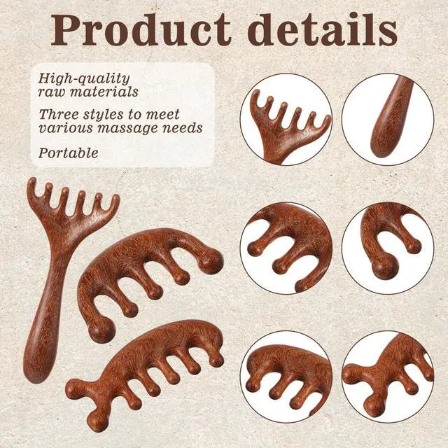 Alt view image 4 of 7 - Trinkrittey 3 Pcs Wooden Head Scalp Massager Comb Hair Gua Sha Comb Wooden Hair Brush Head Massage Tool Hairs Scrubber for Women Men Hairs Growth Stress Relief Spa Relaxation
