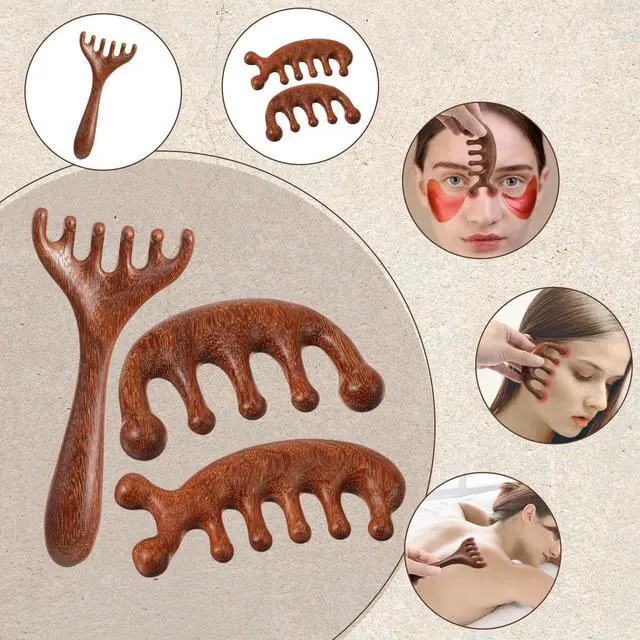 Alt view image 6 of 7 - Trinkrittey 3 Pcs Wooden Head Scalp Massager Comb Hair Gua Sha Comb Wooden Hair Brush Head Massage Tool Hairs Scrubber for Women Men Hairs Growth Stress Relief Spa Relaxation
