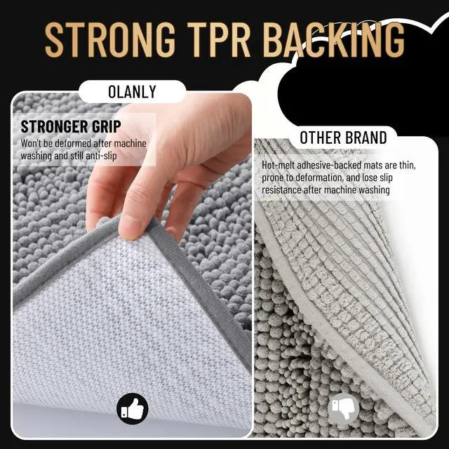 Alt view image 4 of 6 - OLANLY Thick Bathroom Rugs 30x20, Extra Soft Absorbent Chenille Striped Bath Rugs, Rubber Backing, Machine Wash Dry, Bath Mats for Bathroom Floor, Tub and Shower, Home Decor Accessories, Grey