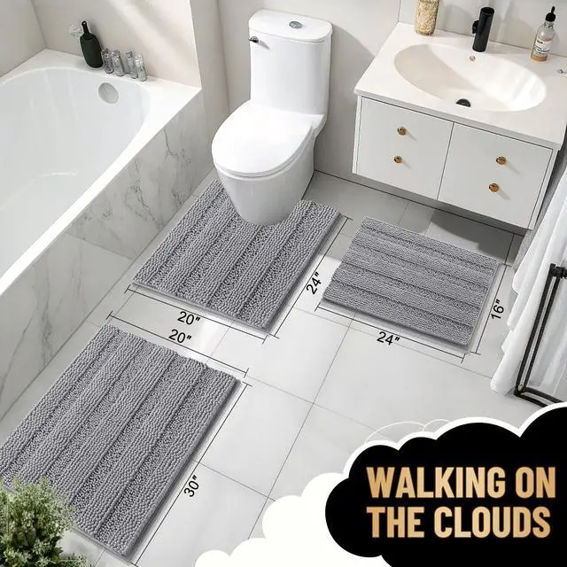 Alt view image 6 of 6 - OLANLY Thick Bathroom Rugs 30x20, Extra Soft Absorbent Chenille Striped Bath Rugs, Rubber Backing, Machine Wash Dry, Bath Mats for Bathroom Floor, Tub and Shower, Home Decor Accessories, Grey