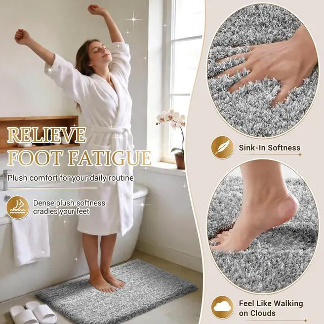 Alt view image 2 of 7 - Yimobra Bathroom Rugs Non Slip Washable, Ultra Soft and Water Absorbent Bath Mats, Fluffy Shower Mat Outside, Plush Matts for Bathroom Floor/Sink, 24X17, Home Decor Accessories, Light Gray and White