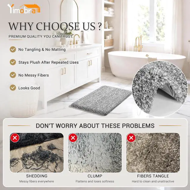 Alt view image 3 of 7 - Yimobra Bathroom Rugs Non Slip Washable, Ultra Soft and Water Absorbent Bath Mats, Fluffy Shower Mat Outside, Plush Matts for Bathroom Floor/Sink, 24X17, Home Decor Accessories, Light Gray and White