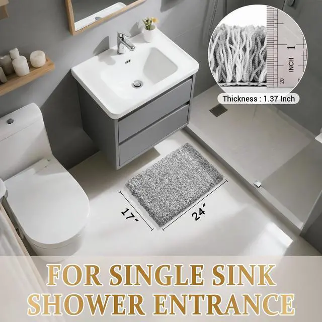 Alt view image 6 of 7 - Yimobra Bathroom Rugs Non Slip Washable, Ultra Soft and Water Absorbent Bath Mats, Fluffy Shower Mat Outside, Plush Matts for Bathroom Floor/Sink, 24X17, Home Decor Accessories, Light Gray and White