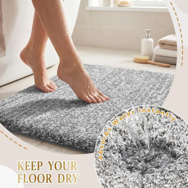 Alt view image 7 of 7 - Yimobra Bathroom Rugs Non Slip Washable, Ultra Soft and Water Absorbent Bath Mats, Fluffy Shower Mat Outside, Plush Matts for Bathroom Floor/Sink, 24X17, Home Decor Accessories, Light Gray and White