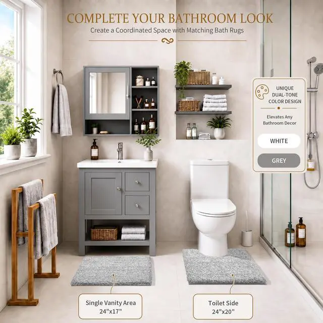 Alt view image 5 of 7 - Yimobra Bathroom Rugs Non Slip Washable, Ultra Soft and Water Absorbent Bath Mats, Fluffy Shower Mat Outside, Plush Matts for Bathroom Floor/Sink, 24X17, Home Decor Accessories, Light Gray and White