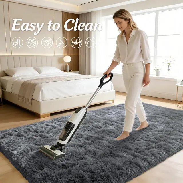 Alt view image 6 of 7 - OLANLY 2x3 Machine Washable Small Bedside Rug, Soft Fluffy Shaggy Entryway Throw Rugs for Bedroom, Living Room, Indoor Floor Carpet for Kids Girls and Boys, Nursery Rooms, Home Decor Aesthetic, Grey