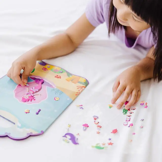 Alt view image 2 of 7 - Melissa & Doug Puffy Sticker Play Set Mermaids, 65 Reusable Stickers with 2 Fold-Out Scenes, Restickable Fashion Activity Book, Mess Free Travel Toys for Kids Ages 4+ - FSC Certified