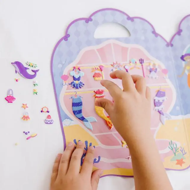 Alt view image 6 of 7 - Melissa & Doug Puffy Sticker Play Set Mermaids, 65 Reusable Stickers with 2 Fold-Out Scenes, Restickable Fashion Activity Book, Mess Free Travel Toys for Kids Ages 4+ - FSC Certified