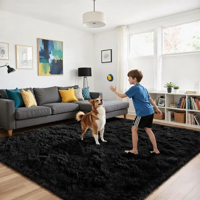 Alt view image 3 of 6 - Fluffy Rug Shag Area Rug, Black 2x4 Area Rugs for Bedroom, Small Bedside Rug, Soft Fluffy Shag Entryway Throw Rugs for Living Room Bedroom Room Home Decor