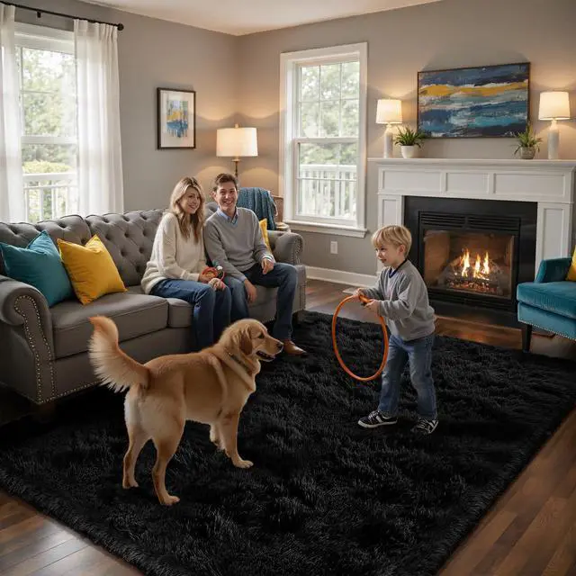 Alt view image 4 of 6 - Fluffy Rug Shag Area Rug, Black 2x4 Area Rugs for Bedroom, Small Bedside Rug, Soft Fluffy Shag Entryway Throw Rugs for Living Room Bedroom Room Home Decor