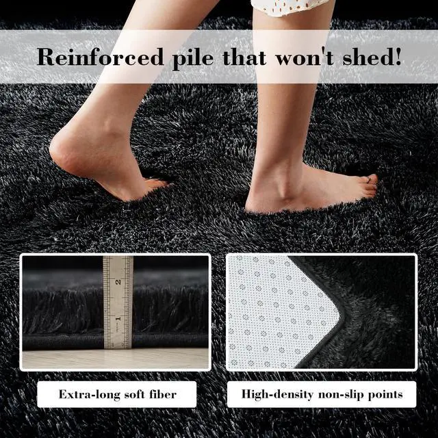 Alt view image 5 of 6 - Fluffy Rug Shag Area Rug, Black 2x4 Area Rugs for Bedroom, Small Bedside Rug, Soft Fluffy Shag Entryway Throw Rugs for Living Room Bedroom Room Home Decor