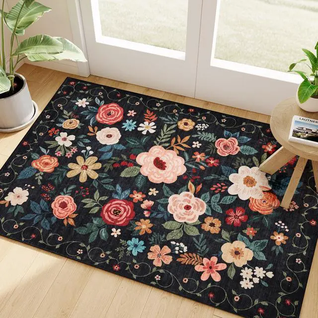 Main image of DUKINO 2x3 Rugs for Entryway, Floral Indoor Washable Door Mat, Non Slip Boho Small Rug for Kitchen, Soft Low Pile, Front Door Throw Rug for Entrance, Bedroom, Kitchen, Laundry, Bathroom, Black