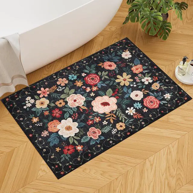 Alt view image 2 of 7 - DUKINO 2x3 Rugs for Entryway, Floral Indoor Washable Door Mat, Non Slip Boho Small Rug for Kitchen, Soft Low Pile, Front Door Throw Rug for Entrance, Bedroom, Kitchen, Laundry, Bathroom, Black