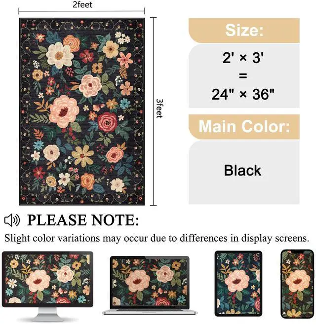 Alt view image 3 of 7 - DUKINO 2x3 Rugs for Entryway, Floral Indoor Washable Door Mat, Non Slip Boho Small Rug for Kitchen, Soft Low Pile, Front Door Throw Rug for Entrance, Bedroom, Kitchen, Laundry, Bathroom, Black