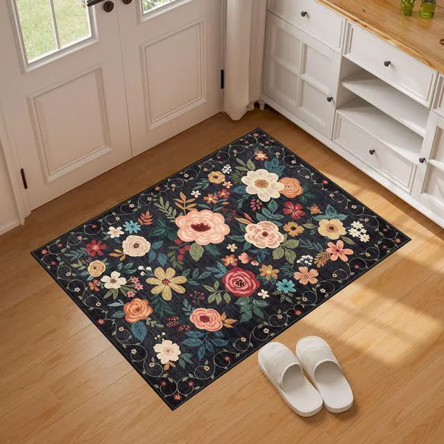 Alt view image 4 of 7 - DUKINO 2x3 Rugs for Entryway, Floral Indoor Washable Door Mat, Non Slip Boho Small Rug for Kitchen, Soft Low Pile, Front Door Throw Rug for Entrance, Bedroom, Kitchen, Laundry, Bathroom, Black