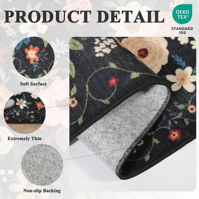 Alt view image 5 of 7 - DUKINO 2x3 Rugs for Entryway, Floral Indoor Washable Door Mat, Non Slip Boho Small Rug for Kitchen, Soft Low Pile, Front Door Throw Rug for Entrance, Bedroom, Kitchen, Laundry, Bathroom, Black