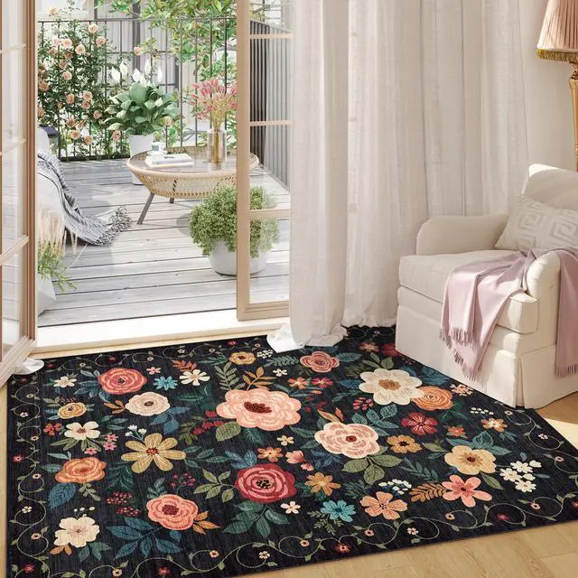 Alt view image 6 of 7 - DUKINO 2x3 Rugs for Entryway, Floral Indoor Washable Door Mat, Non Slip Boho Small Rug for Kitchen, Soft Low Pile, Front Door Throw Rug for Entrance, Bedroom, Kitchen, Laundry, Bathroom, Black