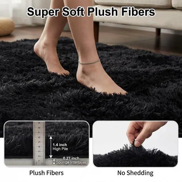 Alt view image 2 of 7 - Mugorn Black Rugs for Bedroom, 2x3 Feet Fluffy Area Rugs for Living Room, Soft Shag Kids Rug Small Carpet for Nursery, Bedside, Indoor, Dorm Decor