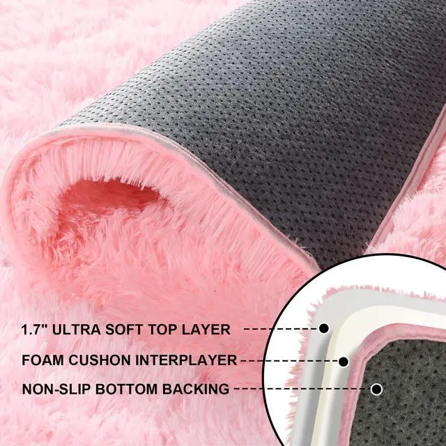 Alt view image 6 of 7 - Ehayx Pink Rug for Bedroom, 2x3 Fluffy Area Rugs for Living Room, Small Fuzzy Shag Soft Carpet with 4 Non-Slip Adhesive Strips for Kids Boys and Girls Nursery Dorm Room Home Decor (2ft X 3ft)