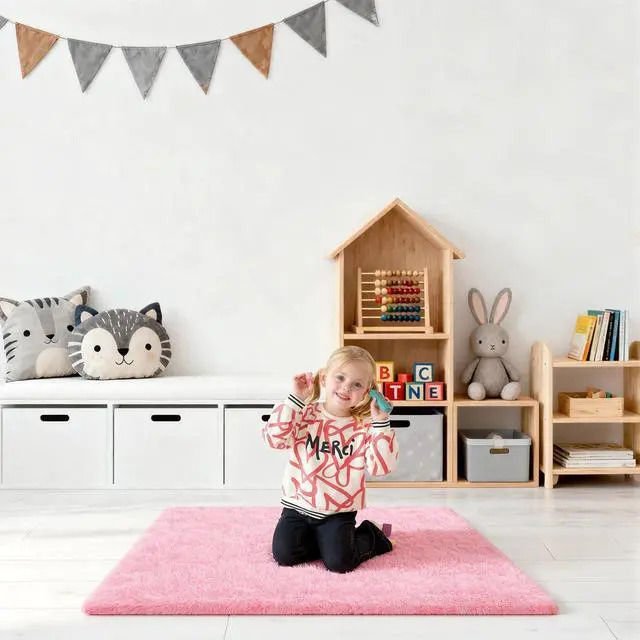 Alt view image 7 of 7 - Ehayx Pink Rug for Bedroom, 2x3 Fluffy Area Rugs for Living Room, Small Fuzzy Shag Soft Carpet with 4 Non-Slip Adhesive Strips for Kids Boys and Girls Nursery Dorm Room Home Decor (2ft X 3ft)