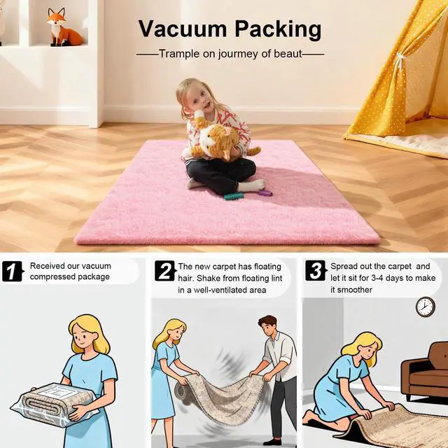 Alt view image 5 of 7 - Ehayx Pink Rug for Bedroom, 2x3 Fluffy Area Rugs for Living Room, Small Fuzzy Shag Soft Carpet with 4 Non-Slip Adhesive Strips for Kids Boys and Girls Nursery Dorm Room Home Decor (2ft X 3ft)