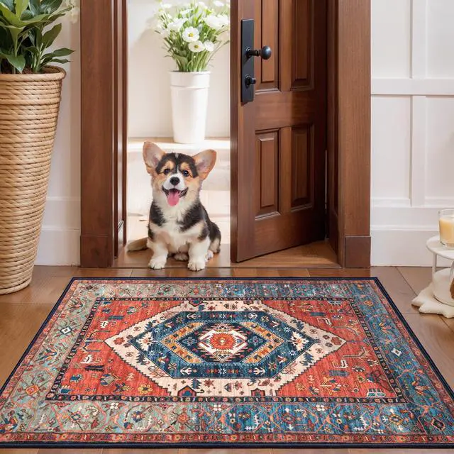 Alt view image 2 of 7 - SERISSA Boho Rugs for Entryway, 2x3 Rust Entryway Rug Non-Slip Washable Small Area Rug, Ultra Soft Oriental Vintage Low-Pile Indoor Door Mat Floor Carpet for Entrance Bedroom Kitchen Bathroom