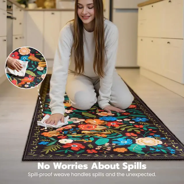Alt view image 2 of 7 - Joiedomi Hallway Runner Rug Washable 2'x6' Non Slip Kitchen Rug with Rubber Backing Soft Boho Floral Floor Carpet Runners for Entryway Laundry Bedroom Indoor (Black)