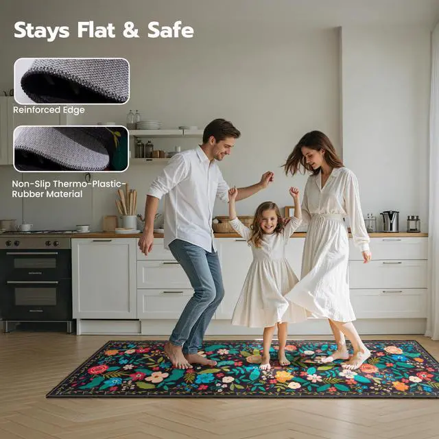 Alt view image 3 of 7 - Joiedomi Hallway Runner Rug Washable 2'x6' Non Slip Kitchen Rug with Rubber Backing Soft Boho Floral Floor Carpet Runners for Entryway Laundry Bedroom Indoor (Black)