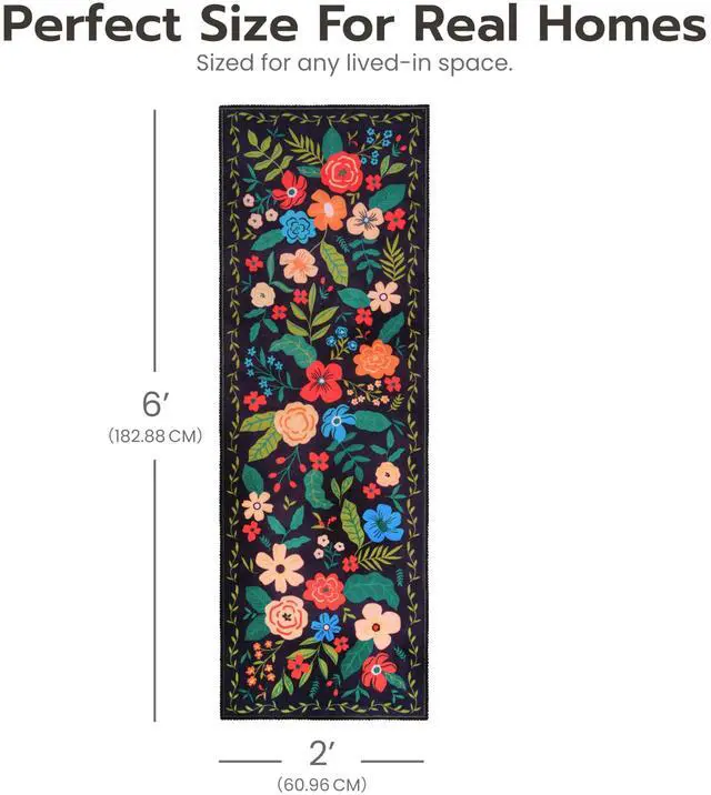 Alt view image 5 of 7 - Joiedomi Hallway Runner Rug Washable 2'x6' Non Slip Kitchen Rug with Rubber Backing Soft Boho Floral Floor Carpet Runners for Entryway Laundry Bedroom Indoor (Black)