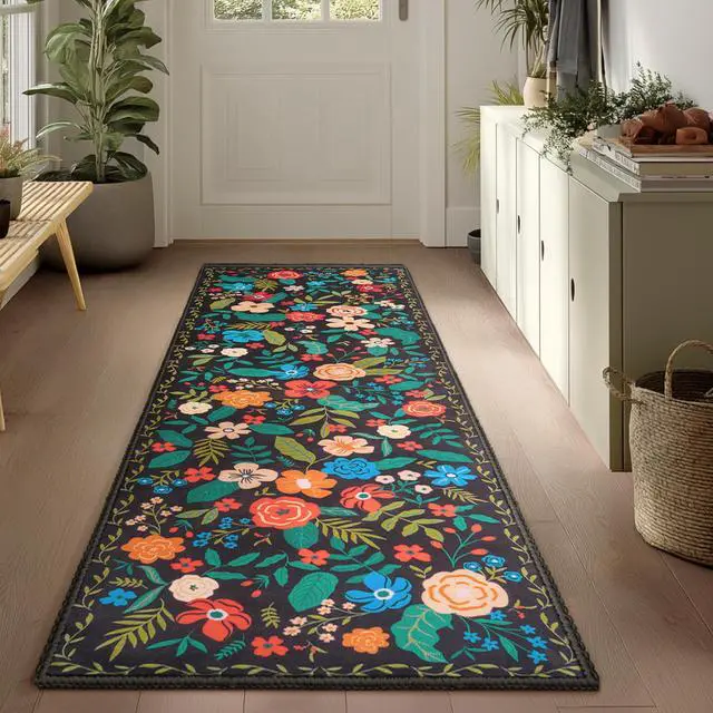 Alt view image 7 of 7 - Joiedomi Hallway Runner Rug Washable 2'x6' Non Slip Kitchen Rug with Rubber Backing Soft Boho Floral Floor Carpet Runners for Entryway Laundry Bedroom Indoor (Black)