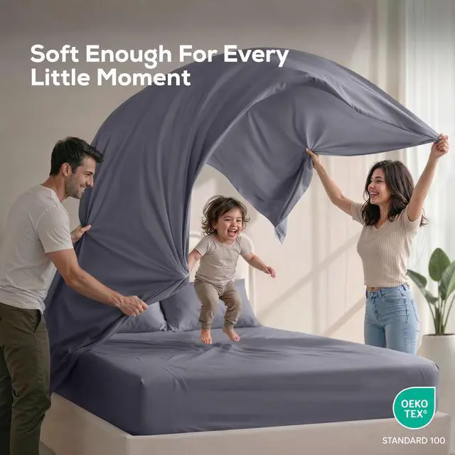 Alt view image 6 of 7 - Queen Size Sheet Set 4 Piece Bed Sheets, Soft and Breathable Microfiber, Includes 1 Fitted Sheet, 1 Flat Sheet and 2 Pillowcases Oeko Tex (Grey)