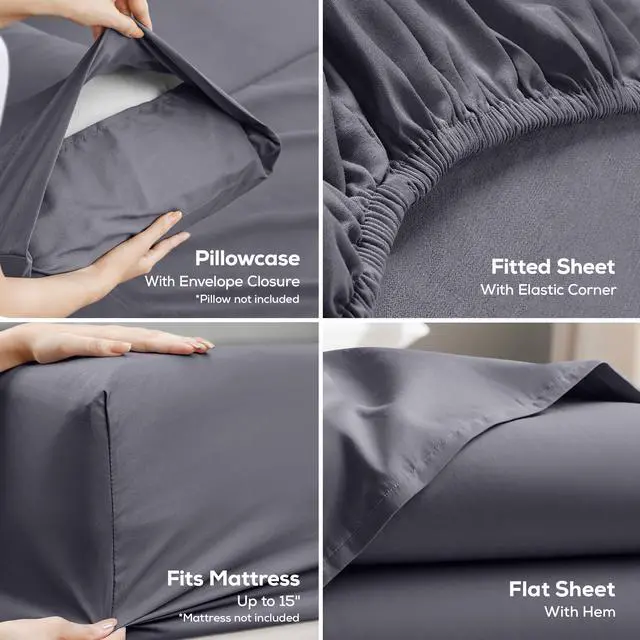 Alt view image 4 of 7 - Queen Size Sheet Set 4 Piece Bed Sheets, Soft and Breathable Microfiber, Includes 1 Fitted Sheet, 1 Flat Sheet and 2 Pillowcases Oeko Tex (Grey)
