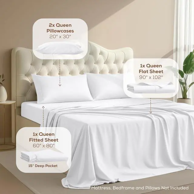 Alt view image 2 of 7 - Queen Size Sheet Set 4 Piece Bed Sheets, Soft and Breathable Microfiber, Includes 1 Fitted Sheet, 1 Flat Sheet and 2 Pillowcases Oeko Tex (White)