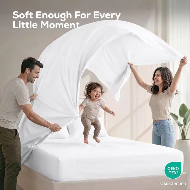 Alt view image 5 of 7 - Queen Size Sheet Set 4 Piece Bed Sheets, Soft and Breathable Microfiber, Includes 1 Fitted Sheet, 1 Flat Sheet and 2 Pillowcases Oeko Tex (White)