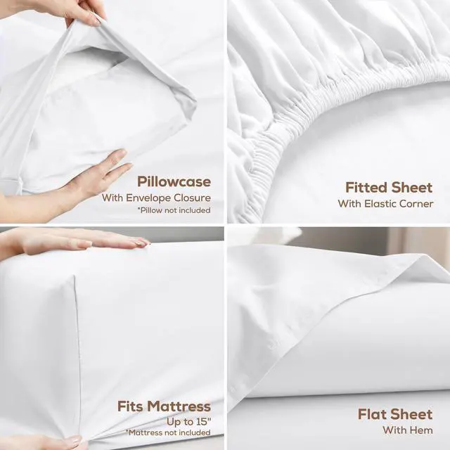 Alt view image 3 of 7 - Queen Size Sheet Set 4 Piece Bed Sheets, Soft and Breathable Microfiber, Includes 1 Fitted Sheet, 1 Flat Sheet and 2 Pillowcases Oeko Tex (White)