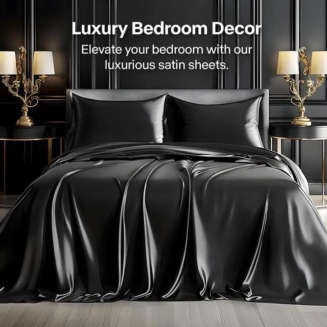 Alt view image 2 of 7 - BEDELITE Satin Sheets Queen Size Bed Set, Luxury Soft Black Silky Sheets for Hair and Skin, Similar to Silk Bed Sheets Set 4 Pieces with 1 Deep Pocket Fitted Sheet, 1 Flat Sheet, and 2 Pillowcases