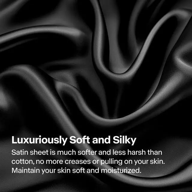 Alt view image 3 of 7 - BEDELITE Satin Sheets Queen Size Bed Set, Luxury Soft Black Silky Sheets for Hair and Skin, Similar to Silk Bed Sheets Set 4 Pieces with 1 Deep Pocket Fitted Sheet, 1 Flat Sheet, and 2 Pillowcases