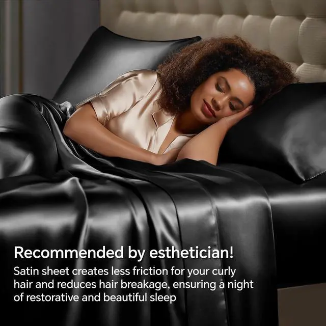 Alt view image 4 of 7 - BEDELITE Satin Sheets Queen Size Bed Set, Luxury Soft Black Silky Sheets for Hair and Skin, Similar to Silk Bed Sheets Set 4 Pieces with 1 Deep Pocket Fitted Sheet, 1 Flat Sheet, and 2 Pillowcases