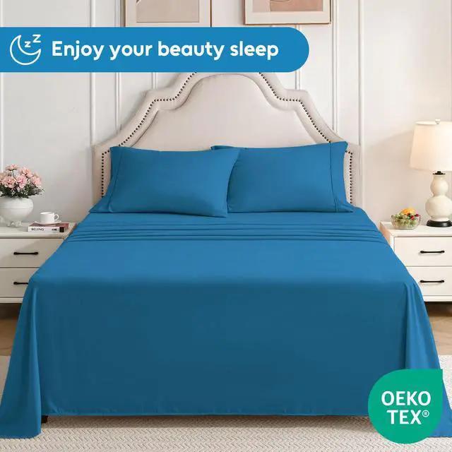Alt view image 7 of 7 - Swiftify Queen Sheet Set, 4 Pieces Hotel Luxury Soft Microfiber Queen Bed Sheets Set, Up to 16" Deep Pockets, Oeko-Tex Sheets with Elastic, Breathable, Wrinkle Free (Peacock Blue,Queen)