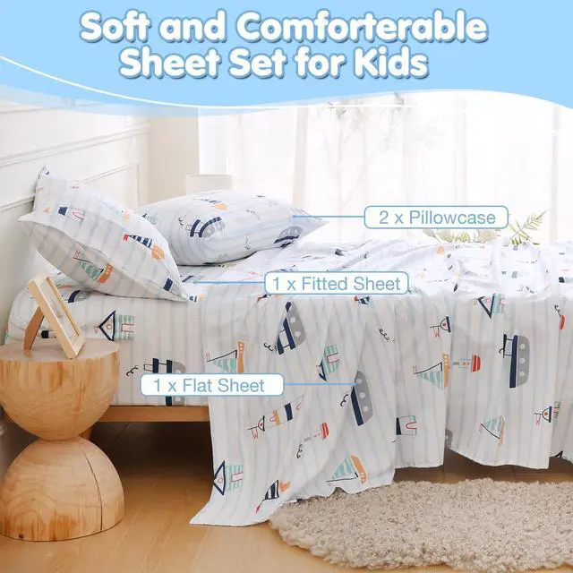 Alt view image 2 of 6 - CIMVI Kids Full Size 4 Piece Bed Sheets for Boys Nautical Sailboat Sheet Sets with Pillowcases 15-Inch Deep Pocket Fitted Sheet Soft Microfiber Bedding Sheets Kids Toddlers Decor Bedroom