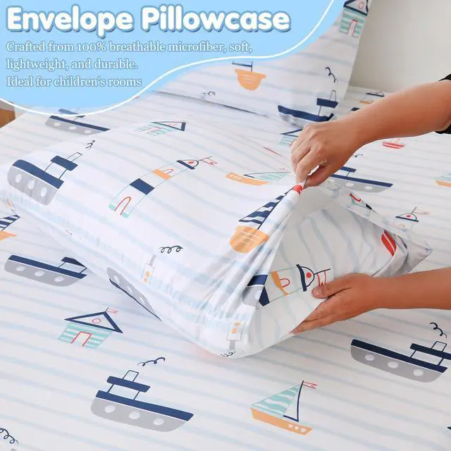 Alt view image 3 of 6 - CIMVI Kids Full Size 4 Piece Bed Sheets for Boys Nautical Sailboat Sheet Sets with Pillowcases 15-Inch Deep Pocket Fitted Sheet Soft Microfiber Bedding Sheets Kids Toddlers Decor Bedroom