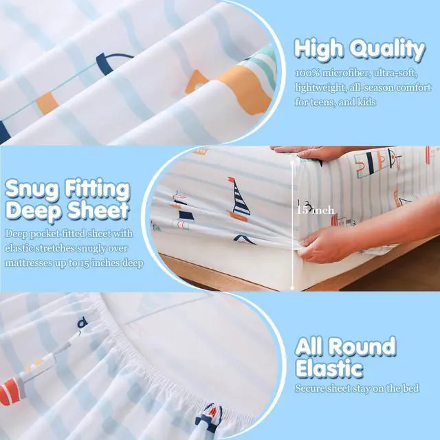Alt view image 4 of 6 - CIMVI Kids Full Size 4 Piece Bed Sheets for Boys Nautical Sailboat Sheet Sets with Pillowcases 15-Inch Deep Pocket Fitted Sheet Soft Microfiber Bedding Sheets Kids Toddlers Decor Bedroom