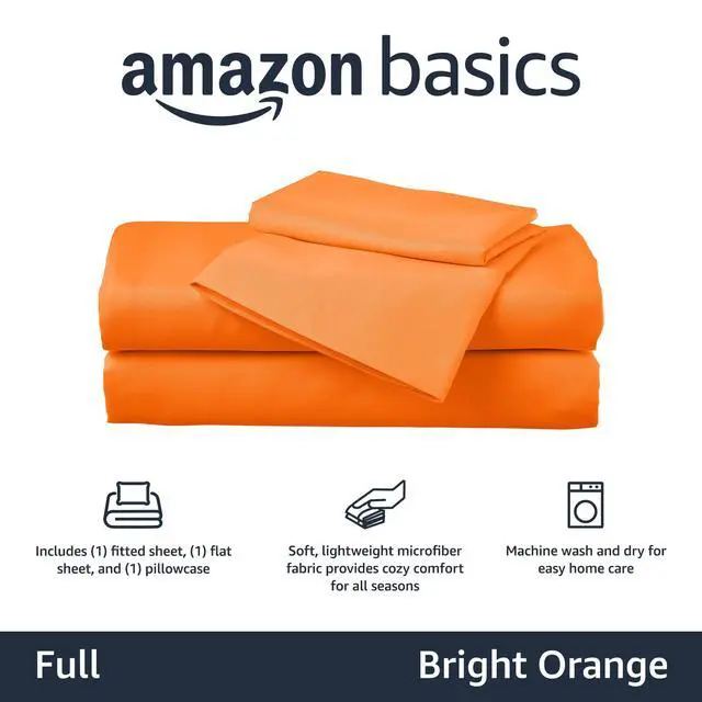 Alt view image 3 of 5 - Amazon Basics Kid's Soft, Breathable, Easy-Wash Microfiber 4-Piece Sheet Set, Full, Bright Orange, Solid