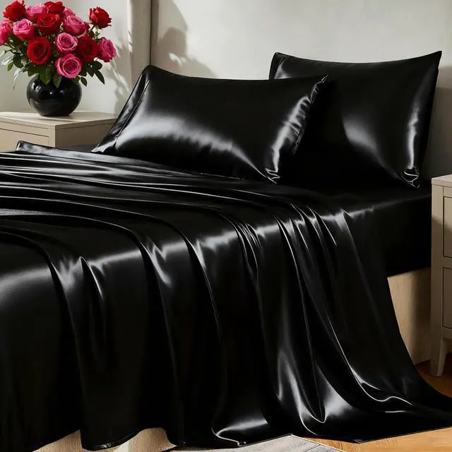 Main image of CozyLux Satin Sheets Queen Size Bed Set - Silky Soft Bedding Similar to Silk, 4 Piece Sheet Set for Hair and Skin, Deep Pocket with All-Around Elastic, Home Decor for Bedroom, Black