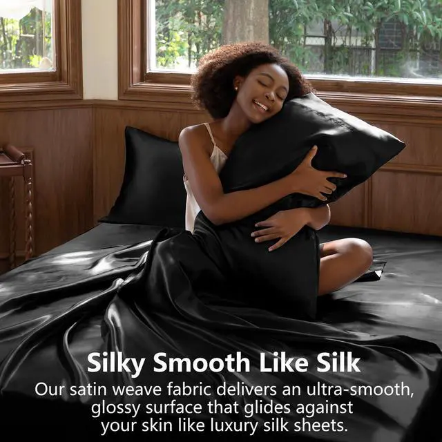 Alt view image 3 of 7 - CozyLux Satin Sheets Queen Size Bed Set - Silky Soft Bedding Similar to Silk, 4 Piece Sheet Set for Hair and Skin, Deep Pocket with All-Around Elastic, Home Decor for Bedroom, Black
