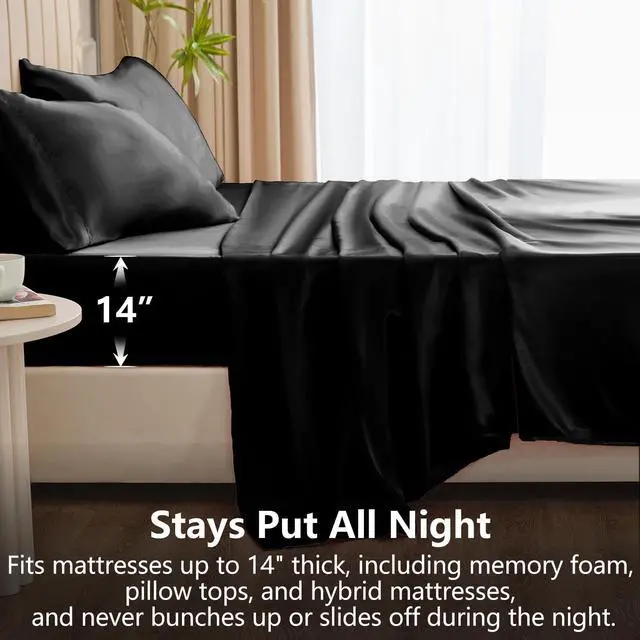 Alt view image 4 of 7 - CozyLux Satin Sheets Queen Size Bed Set - Silky Soft Bedding Similar to Silk, 4 Piece Sheet Set for Hair and Skin, Deep Pocket with All-Around Elastic, Home Decor for Bedroom, Black