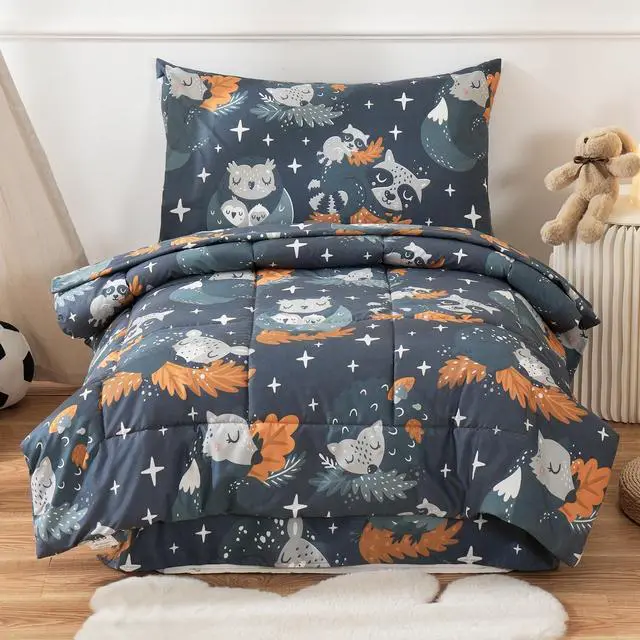 Main image of JSD Navy Blue Forest Animals Toddler Bedding Set, 4 Piece Owl Toddler Comforter Sheet Set, Lightweight Breathable Washable