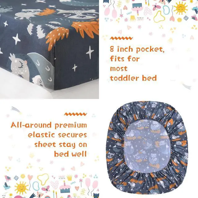 Alt view image 3 of 6 - JSD Navy Blue Forest Animals Toddler Bedding Set, 4 Piece Owl Toddler Comforter Sheet Set, Lightweight Breathable Washable